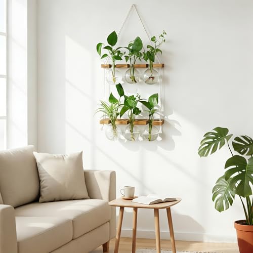 Plant Propagation Station Wall Hanging with 2 Tiered Wooden Stand | Plant Terrarium for Hydroponics Plants, Unique Gardening Gifts for Women Mom Plants Lovers - 6 Bulb Glass Vases - size: 2 Tiers - 6 Vases