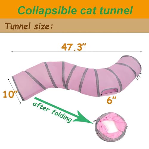2-Way Long Collapsible Cat Tunnel Tube Toy Pink | Interactive Play Tunnel with Peek Hole for Indoor Cats, Kittens, Puppies & Rabbits | Hours of Fun & Exercise - color: Pink Grey