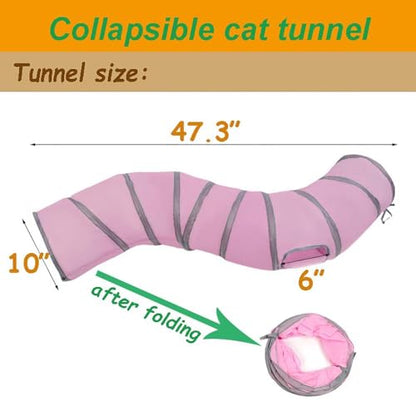 2-Way Long Collapsible Cat Tunnel Tube Toy Pink | Interactive Play Tunnel with Peek Hole for Indoor Cats, Kittens, Puppies & Rabbits | Hours of Fun & Exercise - color: Pink Grey