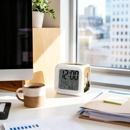 Windmill Alarm Clock, Windmill Farmhouse Sunset Field Trees Rustic Digital Clock Night Light with 7 Color, Calendar Temperature Display, NightLight Clock for Bedroom, 3.2x3.2in - color: Gold,amber,green
