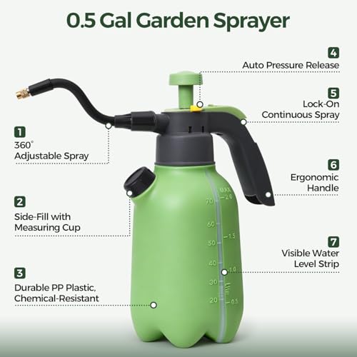T4U Pump Sprayer 0.5 Gallon, Garden Spray Bottle with Flex Wand | Flexible long-reach nozzle for hanging baskets and hard-to-reach plants; hand pump for lawn care, cleaning and car detailing - size: Flexible Nozzle