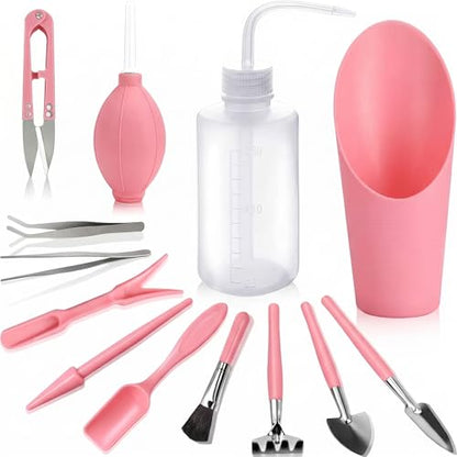 13 Pcs Succulent Care Tools, Mini Garden Transplanting Tool Set | Ideal for Succulent Planting, Miniature Gardening and Indoor Bonsai Care, Pink - style: Pink