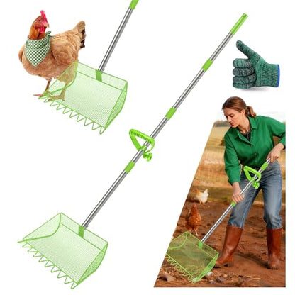 2-in-1 Chicken Coop Scooper: Extra Large 12” Poop Scooper & Rake with Adjustable Handle (37”-65”) | Heavy-Duty Metal Shovel for Quick Pet Waste, Rabbit, Guinea, Barn Cleaning | US Patent Pending,Green - color: Green