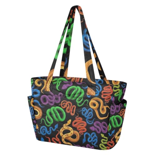 Colorful Snakes Black Tote Bag for Women, Lightweight Tote Bag for Travel | Laptop Compartment, Quilted Design