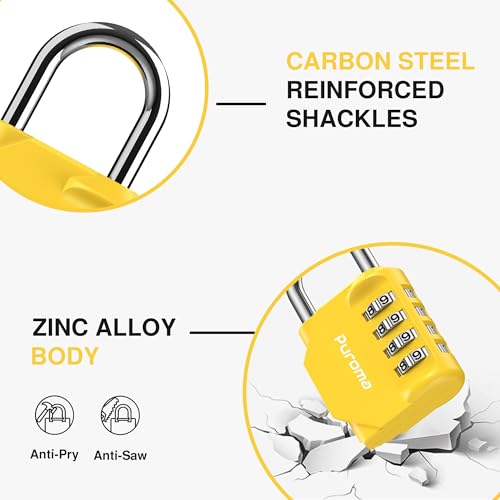 Puroma 1 Pack Combination Lock Locker 4 Digits Combo Padlock Gym Yellow | For School Gate Fence Toolbox Hasp Storage, Outdoor, Resettable, Weatherproof, Side Window, Crack Cut Resist, Hardened Steel - color: Yellow