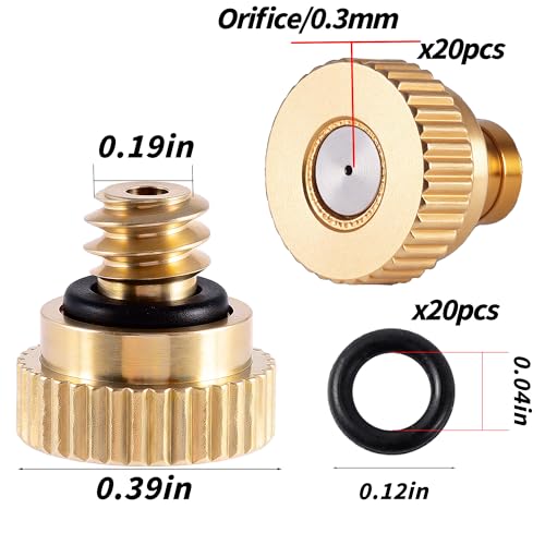 20 Pack Brass Misting Nozzles 10/24 UNC 0.012" (0.3mm) Orifice | Fine Mist Atomizing Spray Nozzles with 20Pcs O-Rings For Patio, RV, Greenhouse & Outdoor Cooling System - size: 20pc 0.3mm-Misting Nozzle With O Ring