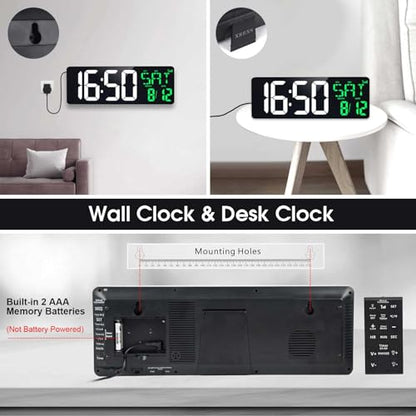 17" Large Digital Wall Clock, Bluetooth Sync, Auto Dimmer, Remote | Bluetooth Automatic Time Sync, Stable Plug-in Power, DST Support, Date Week Temperature Display, Fits all Indoor Spaces - color: White+green