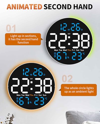 10 Inch Large Digital Wall Clock with 9 Color Changing Remote Control, Date Week Temperature, Auto Brightness Dimmer Big Clock with Night Lights,Blue - color: Blue