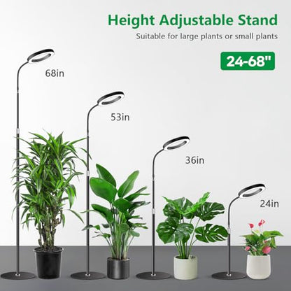 Aumtrly Black Grow Lights for Indoor Plants, Full Spectrum, with 68" Stand | 6/12/16H Timer, 5 Dimming Levels, 80 LED Halo, Floor Growing Lamp for Large Tall Plants with Flexible Gooseneck, Metal Base - size: 1 head 68inch/black