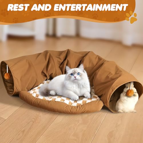Spardar 2-in-1 Bunny Tunnel Bed, with Removable Mat Hideout, Khaki | Collapsible Tunnel Tubes Toys, Washable, Interactive Toys for Rabbits, Chinchilla, Hedgehog, Guinea, Kitty - color: Khaki