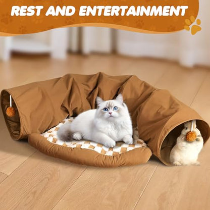 Spardar 2-in-1 Bunny Tunnel Bed, with Removable Mat Hideout, Khaki | Collapsible Tunnel Tubes Toys, Washable, Interactive Toys for Rabbits, Chinchilla, Hedgehog, Guinea, Kitty - color: Khaki