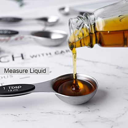Magnetic Measuring Spoons Set Stainless Steel Stackable Measuring Spoons | Dual Sided Nesting Teaspoons Tablespoons Set of 8 for Measuring Dry and Liquid Ingredients - color: black-8