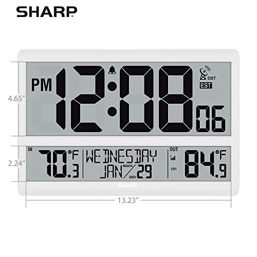 Sharp Atomic Clock with 4-Inch Display, Outdoor Sensor, Battery Powered | 4-inch numbers; Self-setting atomic time; Indoor/outdoor temperature; Wireless sensor; Battery powered; Easy setup