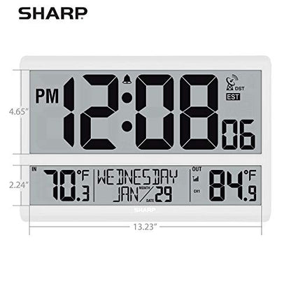 Sharp Atomic Clock with 4-Inch Display, Outdoor Sensor, Battery Powered | 4-inch numbers; Self-setting atomic time; Indoor/outdoor temperature; Wireless sensor; Battery powered; Easy setup