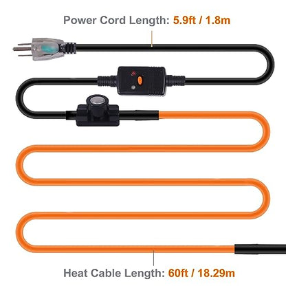 60FT Heat Tape for Water Pipes Freeze Protection IP65 Waterproof 8W/FT 110V BDDFOTO Heat Cable With GFCI Protection and Thermostat,Self-Regulating Pipe Heater for Roof/RV/Water Storage Tank - style: 60 FT
