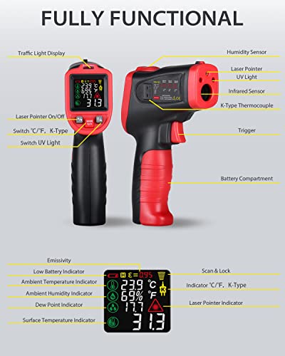 Infrared Surface Thermometer -58℉ to 1202℉, Dew Point/Mould Detector, Laser Temperature Humidity Gun, Hygrometer, Pyrometer with Thermocouple for Home, HVAC Black