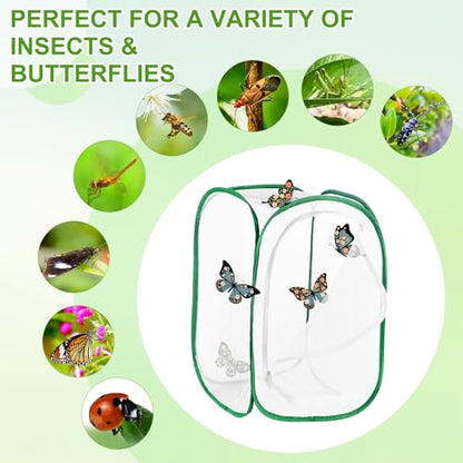 M METERXITY Butterfly Habitat Cage Terrarium, Outdoor Collapsible Mesh Pop-up with Zipper Protection for Breeding Butterfly/Ladybug, Mesh Plant Enclosure [White with Green, 24 x 16 x 16 Inch]