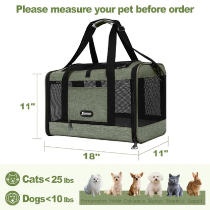 GAPZER Medium Cat Carrier Bag Lightweight, Soft-Sided Small Pet Carry Crate | 18 x 11 x 11 Light Weight Yorkie Kennel up to 15 lbs for Indoor House, Top Entry Bunny Canvas Bag Vet Visit Easy Clean Olive - color: Olive