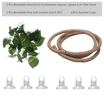 Tfwadmx 7FT Jungle Vines for Reptiles with Suction Cups 2 Pcs Bend A Branch Ivy Artificial Climbing Fake Leaves Habitat Terrarium for Chameleons, Snakes, Ball Python (2m/6.5Ft) - size: 6.5 Ft Thin Vines 2 pcs