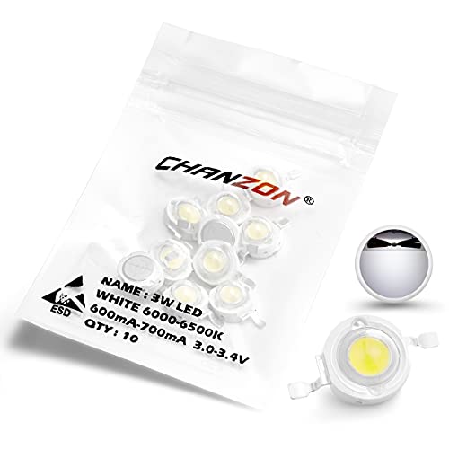 CHANZON 10 pcs High Power Led Chip 3W White 6000K - 6500K | (600mA - 700mA / DC 3V - 3.4V / 3 Watt) Super Bright Intensity SMD COB Light Emitter Components Diode Bulb Bead DIY Lighting - color: C) White (6000k)