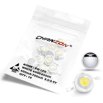 CHANZON 10 pcs High Power Led Chip 3W White 6000K - 6500K | (600mA - 700mA / DC 3V - 3.4V / 3 Watt) Super Bright Intensity SMD COB Light Emitter Components Diode Bulb Bead DIY Lighting - color: C) White (6000k)