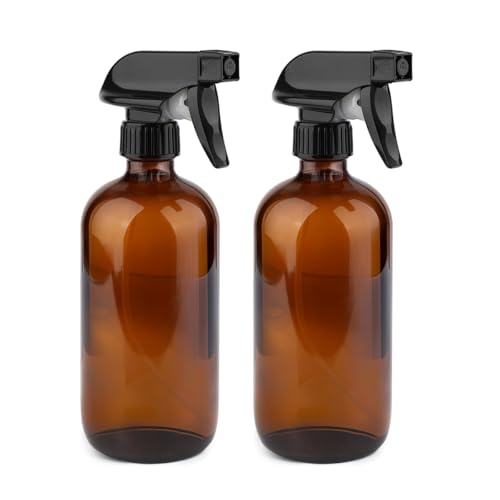 GLING 16 oz 2 Pack Amber Glass Spray Bottles, Refillable Empty Dark Glass Spray Bottle Great for Cleaning Solutions, Essential Oils, Hair, and Plants, Adjustable Nozzle for squirting and Mist