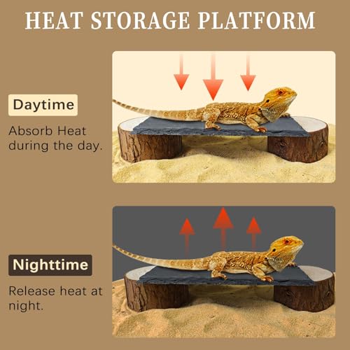 Bearded Dragon Basking Platform,Reptile Slate Rocks with Wooden Pile,Leopard Gecko Hides and Caves Climbing Tank Accessories for Lizards Snakes Tortoise Ball Python(Large High)