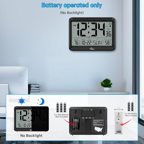 8.5'' Digital Atomic Clock with Indoor Outdoor Temp | Battery Operated Self-Setting Clock with Day and Date, 4 Time Zones, Auto DST, Suitable for Classroom, Office, Living Room - size: 8.5 INCH