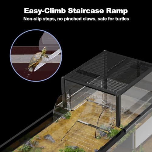 Turtle Basking Platform Extra Large for 17-19in Wide 40 Breeder 75 Gal Tank | Acrylic Basking Platform for Aquatic Turtles, One-piece Base& 4 Pillars Supports, Non-Slip Stepped Ramp, Anti-escape Barriers - size: Extra Large