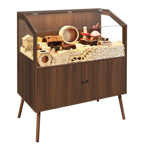 PROLEE Hamster Cage with Storage Cabinet,Large Hamster Encloure Chew Proof Wood,Clear View Hamster Habitat for Guinea Pig, Ferret, Rat, Hedgehog，47“ X 40” X 20“ (Walnut) - color: Walnut