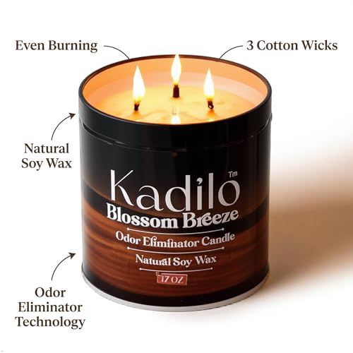 Kadilo™ Odor Eliminator Candle, 17 Oz Each Jar Natural Soy Wax, 3 Cotton Wicks, Highly Fragranced, 300 Hours Burn Time, Metal Jar, Set of 3 Different Flavors