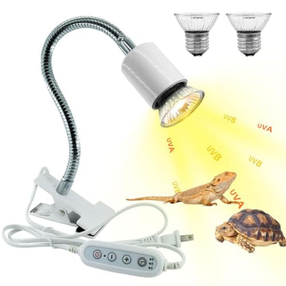 Reptile Heat Lamp,UVA UVB Reptile Light with 360°Rotatable Hose and Timed with 2 Bulbs(25W,50W),Basking Calcium Light Heat Lamp Bulbs for Turtle,Bearded Dragon,Lizard,Snake Tank(White) - color: White