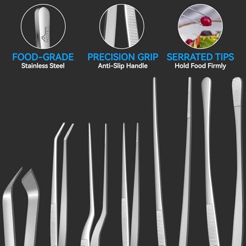 HOTEC Kitchen Tweezers Tongs Stainless Steel, Set of 6 - Professional Cooking Tweezers for Cooking, Chefs, BBQ, Seafood, Baking & Repair - color: Silver, size: 6PCS: 12, 6.3 & 4.5 Inch