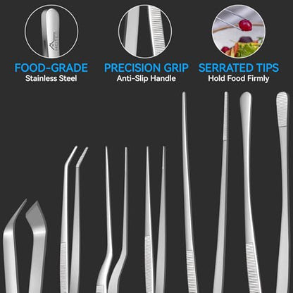 HOTEC Kitchen Tweezers Tongs Stainless Steel, Set of 6 - Professional Cooking Tweezers for Cooking, Chefs, BBQ, Seafood, Baking & Repair - color: Silver, size: 6PCS: 12, 6.3 & 4.5 Inch