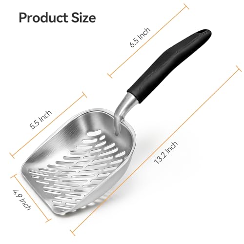 Cat Litter Scoop, Large Long Handle Kitty Metal Scooper | Heavy Duty Aluminum Deep Sifter, Ergonomic Non-Slip Grip, Rustproof Durable Poop Cleaner for Cat Litter Box - color: Black, size: Large