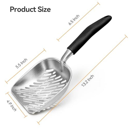 Cat Litter Scoop, Large Long Handle Kitty Metal Scooper | Heavy Duty Aluminum Deep Sifter, Ergonomic Non-Slip Grip, Rustproof Durable Poop Cleaner for Cat Litter Box - color: Black, size: Large