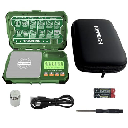Pocket Scale, 500g x 0.01g, Dual Powered, Precision Gram Jewelry Scale with Zipper Case, Digital Small Coin Scale, Large Backlight Display, 6 Weighing Units,Cal Weight, USB Cable Included - color: Army Green