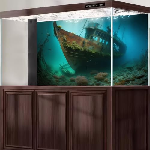 Underwater Shipwreck Aquarium Background Ocean Bottom Abandoned Ship Wreck Fish Tank Background Undersea Rusty Sunken Ship Terrarium Backgrounds Sunken Pirate Ship Reptile Tank Backgrounds 24x12in - color: Blue_Green, size: 24(W)x12(H)in