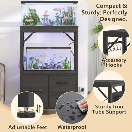 Heybly 5-10Gal Fish Tank Stand with Drawer, Power Outlet,200lbs HAS002SBK-1 | Aquarium Stand,Heavy Duty Metal Frame for Fish Tank, Turtle & Reptile Terrarium, 20.5" × 10.2" Top, Black - color: Black, size: 5-10 gal