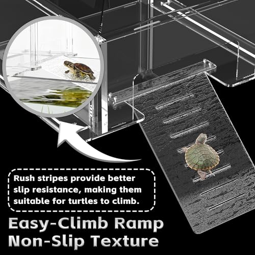 Turtle Basking Platform & Dock Fits 16.7-19.1 Inch Wide Aquariums, Clear Acrylic Turtle Topper Basking Platform with Metal Mesh Top, Anti-Slip Reptile Ramp Sunbathing Dock