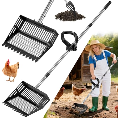 2-in-1 Chicken Poop Scooper & Rake with Ergonomic Non-Slip Handle, Adjustable Stainless Steel Handle (36–63"), Litter Cleaning Tools for Chicken Coop Farm Animals