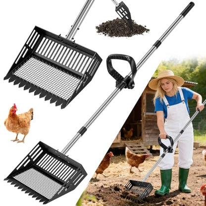 2-in-1 Chicken Poop Scooper & Rake with Ergonomic Non-Slip Handle, Adjustable Stainless Steel Handle (36–63"), Litter Cleaning Tools for Chicken Coop Farm Animals