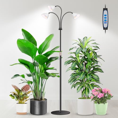 Floor Grow Lights for Indoor Plants, Full Spectrum, for Tall Plant | 3-Head Gooseneck Grow Lamp, 2.3in Spotlight-Style Heads, 78 Red/Blue/White LEDs, Timer & Dimming, 16.5-61in Height, Black - size: 3-Head