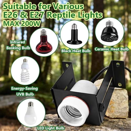 Reptile Heat Lamp Holder,Reptile Light Fixture with Thermometer,Lizard Terrarium Heat Lamp Bulb Ceramic Socket Adjustable Bracket for Bearded Dragon Gecko Snake Tortoise - size: 4.3*2.4*3.1IN