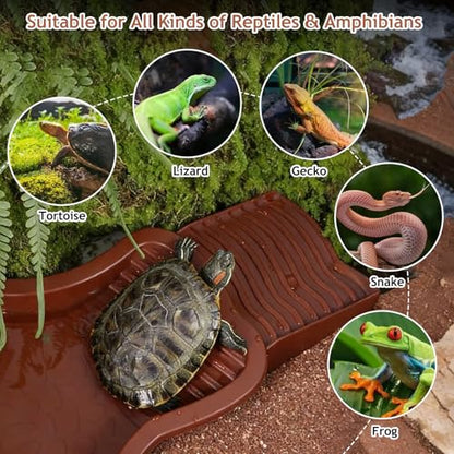 3 PCS Tortoise Water Dish Reptile Bathing Pool with Removable Ramp and Leaf Reptile Food Dish & Water Bowl Tortoise Habitat Accessories for Turtle, Gecko, Snake, Bearded Dragon, Lizard