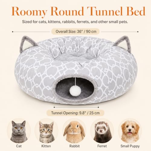 Geometric Cat Tunnel Bed Under Christmas Tree Oxford Outside with Plush Inside,Cats Toys Collapsible Tunnel Tube with Balls, for Rabbits, Kittens, Ferrets,Puppy 3FT - size: Big Tunnel Bed