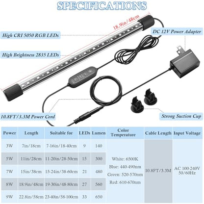 18.9in Submersible Aquarium LED Light, 24/7 Mode Aquarium Lights with Full Spectrum RGBW LEDs, IP68 Waterproof Fish Tank Light with Dimming, Timming and Color Adjustable - style: 18.9inch