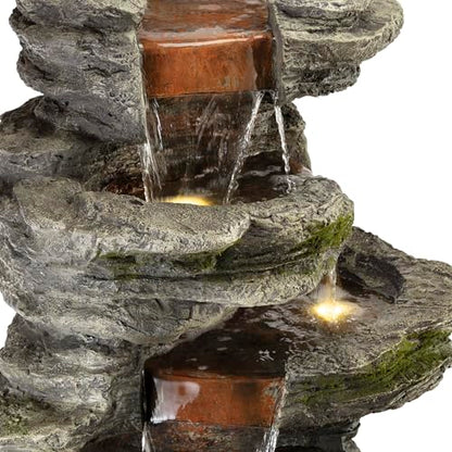 Alpine Corporation WIN1146 Outdoor Floor Cascading 8 Tiered Rock Garden Water Fountain with LED Lights, 58", Gray - style: 58" H - 8-Tier Warm White LEDs