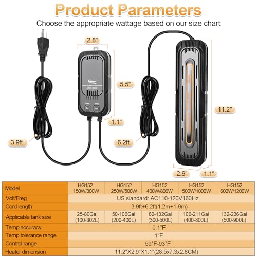 hygger Aquarium Heater, 600W/1200W Adjustable Power Fish Tank Heater with Digital Display External Controller, Automatic Power-Off Protection Heater for 132-238 Gallons Freshwater and Saltwater Tank - size: 600W/1200W Adjustable Power