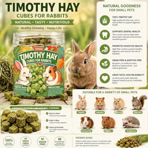 Timothy Hay Cubes 4.5oz Can- 100% Natural Mini Hay Bricks Timothy Hay Pellets for Rabbits, Chinchillas, Tortoise, Guinea Pigs & Small Pets